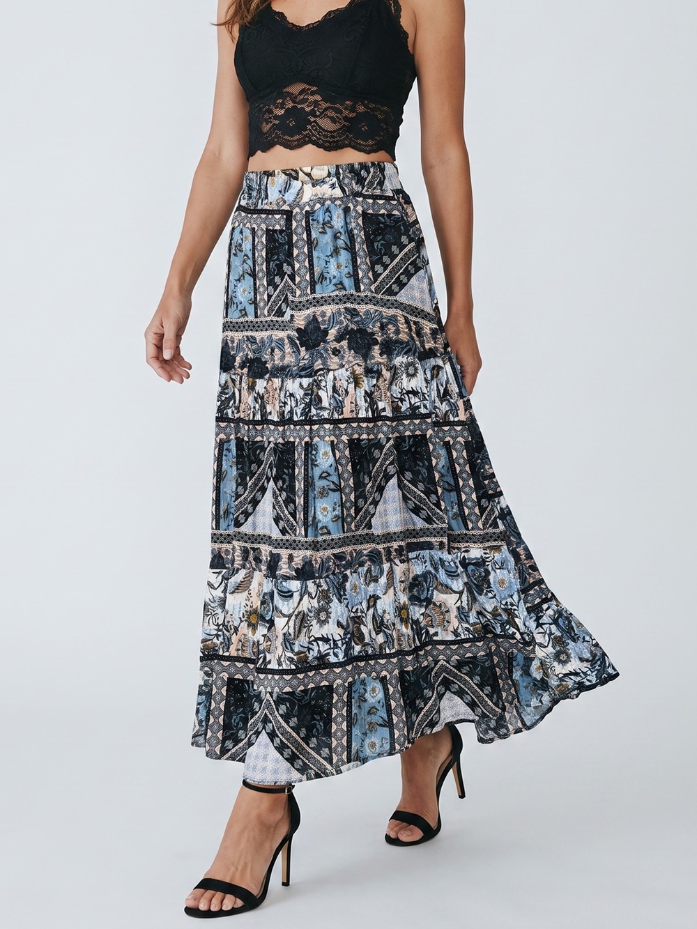 Patchwork-Print Tiered Maxi Skirt in Black & Blue